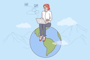 Woman freelancer works for international company via internet, sits on globe with laptop on lap vector