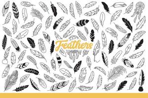 Light feathers of different birds for decorating clothes or using instead pen. Hand drawn doodle. vector