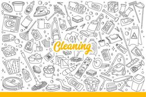 Apartment cleaning equipment and chemicals for washing or stain removal. Hand drawn doodle. vector