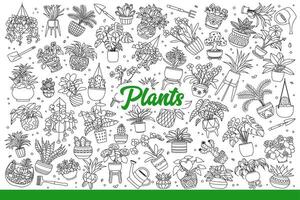 Houseplants and flowers in pots or cache-pots to decorate apartment. Hand drawn doodle. vector