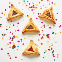 Purim Triangular cookies with hamantasch or aman ears, colored candy for jewish holiday of purim celebration on blue paper background with space for text. Top view. photo