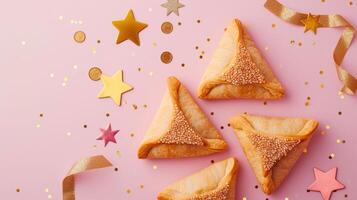 Purim Triangular cookies with hamantasch or aman ears, colored candy for jewish holiday of purim celebration on blue paper background with space for text. Top view. photo