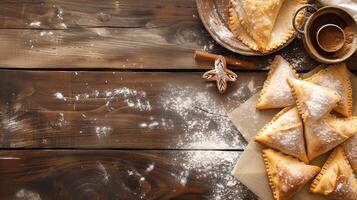 Purim triangular galletas con hamantasch o un hombre orejas, de colores caramelo para judío fiesta de Purim celebracion en azul papel antecedentes con espacio para texto. parte superior vista. foto