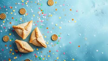 Purim triangular galletas con hamantasch o un hombre orejas, de colores caramelo para judío fiesta de Purim celebracion en azul papel antecedentes con espacio para texto. parte superior vista. foto