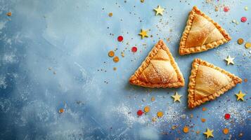 Purim Triangular cookies with hamantasch or aman ears, colored candy for jewish holiday of purim celebration on blue paper background with space for text. Top view. photo