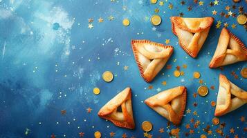 Purim Triangular cookies with hamantasch or aman ears, colored candy for jewish holiday of purim celebration on blue paper background with space for text. Top view. photo