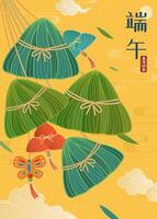 Dragon Boat festival poster. Illustrated strings of zongzi and butterfly ornament swaying in the breeze on yellow sky background. Text, Duanwu Holiday. vector