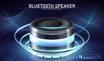 Mobile speaker banner ad. 3D wireless speaker making sound waves while playing music. Concept similar to home intelligent voice activated assistant vector