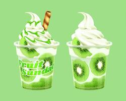 3D illustration of kiwi sundae cup mockups isolated on green background. One printed with label and topped with chocolate straw, the other one without vector