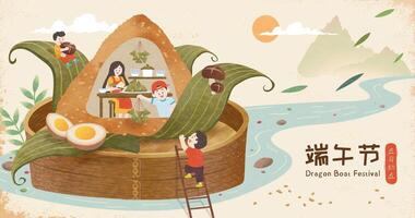Dragon Boat festival banner. Giant zongzi kitchen in steamer with image of kids helping mom preparing for holiday. Text, Happy Duanwu Holiday. May 5th. vector