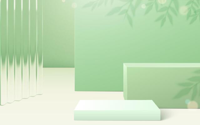 Green product display podium background of wave tropical leaves shadow and textured glass wall in 3D illustration