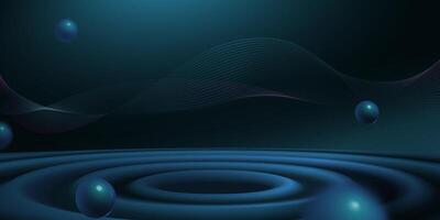 Abstract wallpaper of 3D spheres falling on a speaker like surface with wavy curves in the back on dark blue background vector