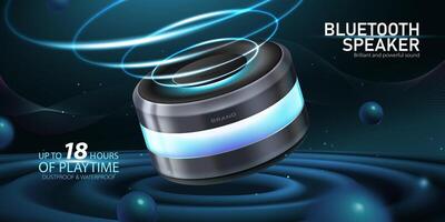 Mobile speaker banner ad. 3D wireless speaker making sonic waves while playing music on speaker like surface. Concept similar to home intelligent voice activated assistant vector