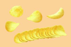 3D Fresh potato chips, some in a row and some placed with different angles isolated on light orange background vector