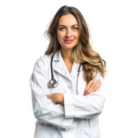 Doctor woman with stethoscope keeping the arms crossed on isolated transparent background png