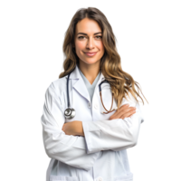 médecin femme avec stéthoscope en gardant le bras franchi sur isolé transparent Contexte png