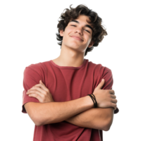 Satisfied young man with crossed arms gesture on isolated transparent background png