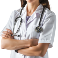 Doctor woman with stethoscope keeping the arms crossed on isolated transparent background png