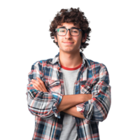 Satisfied young man with crossed arms gesture on isolated transparent background png