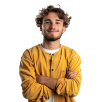 Satisfied young man with crossed arms gesture on isolated transparent background png