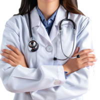 Doctor woman with stethoscope keeping the arms crossed on isolated transparent background png