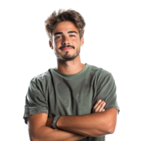 Satisfied young man with crossed arms gesture on isolated transparent background png