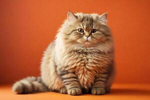 fluffy fat cute cat on orange background warm light photo