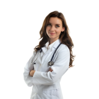 Doctor woman with stethoscope keeping the arms crossed on isolated transparent background png