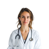 médico mujer con estetoscopio acuerdo el brazos cruzado en aislado transparente antecedentes png