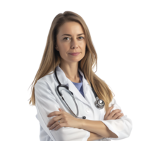 Doctor woman with stethoscope keeping the arms crossed on isolated transparent background png