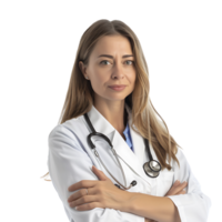 Doctor woman with stethoscope keeping the arms crossed on isolated transparent background png