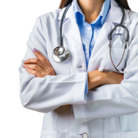 Doctor woman with stethoscope keeping the arms crossed on isolated transparent background png