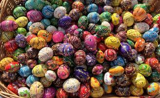 Beautiful colorful decor for Easter. Traditional Easter painted colorful eggs. Selective focus. photo