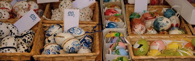 Beautiful colorful decor for Easter. Traditional Easter painted colorful eggs are sold at a market in Prague, Czech Republic. photo