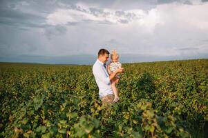 Portrait of cute little girl held in father's arms. Happy loving family. Father and his daughter child girl playing hugging. Cute baby and daddy. photo