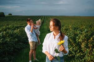 contento familia con pequeño hija gasto hora juntos en soleado campo. foto