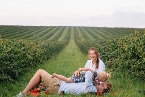 contento familia con pequeño hija gasto hora juntos en soleado campo foto