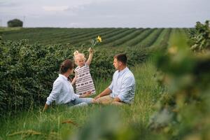 contento familia con pequeño hija gasto hora juntos en soleado campo. foto