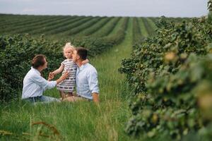 Happy family with little daughter spending time together in sunny field photo