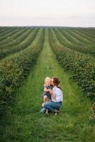 Stilish mother and daughter having fun on the nature. Happy family concept. Beauty nature scene with family outdoor lifestyle. Happy family resting together. Happiness in family life. Mothers day photo