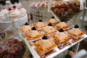 postres con frutas, mousse, galletas. diferente tipos de dulce pasteles, pequeño vistoso dulce pasteles, macarrón, y otro postres en el dulce bufé. caramelo bar para cumpleaños. foto