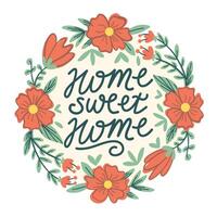 Home sweet home letterin poster with round flower border frame with poppies, daisies, tulips vector