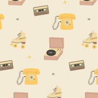 Pattern of objects from the past, roller skates, telephone, tape recorder, gramophone. vector