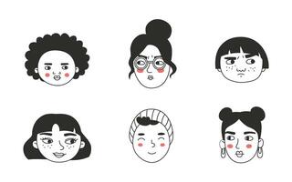 Set of different people's faces, human avatars collection. Different emotions, portrait with a positive facial expression. Hand-drawn illustration in doodle style. vector