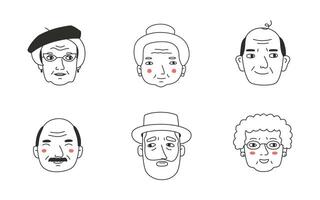 Set with the faces of the elderly. Avatars of grandparents with different emotions. Hand-drawn illustration in doodle style. vector