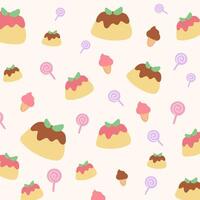 Cute pattern of ice cream, pudding and lolipop candy on soft yellow background vector
