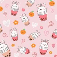 Pattern with bunny rabbit bubble milk tea cups , orange , heart and lollipop candy on pink background vector