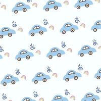 Pattern with cute cars and rainbow on white background. vector