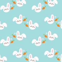 Pattern with bunny rabbit cartoon and carrots on blue background. vector