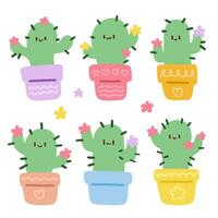 Cute cactus plant with happy face illustration set. vector